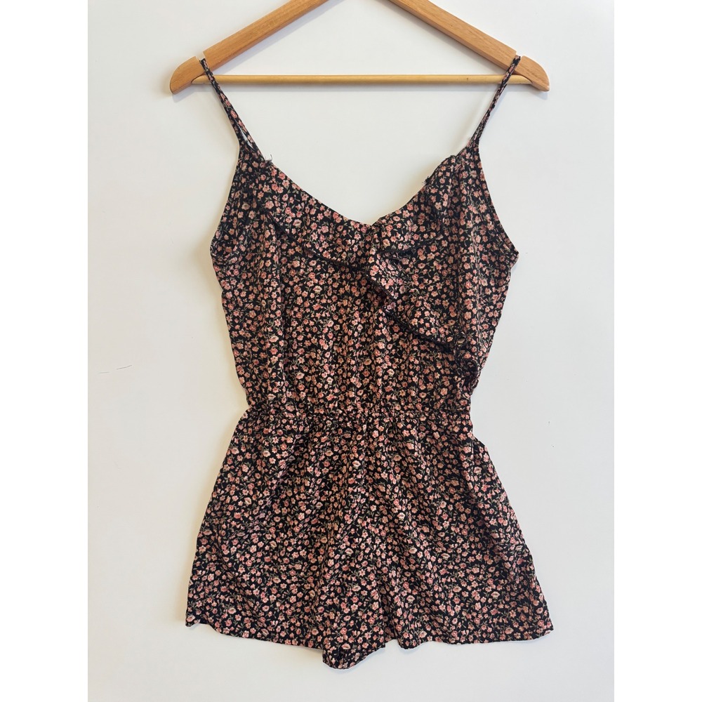 TOBI Floral Print Romper Black Pink Sleeveless Ruffle V‎ Neck Small